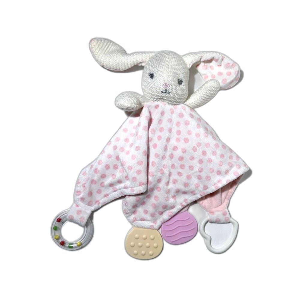 Modern Baby Bunny Rabbit Security Blanket Lovey Rattle Teether Soft Toy Pink Dot